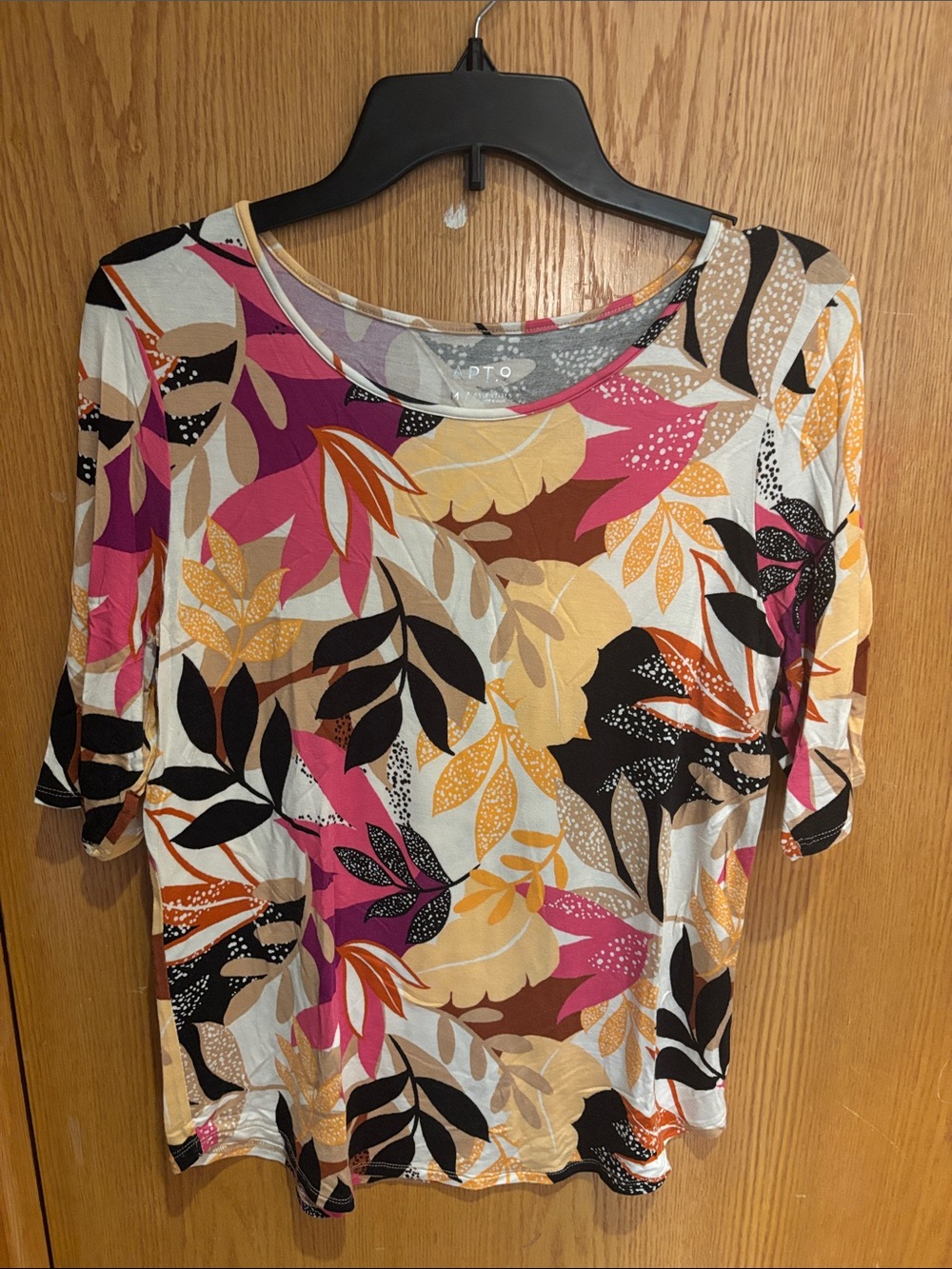 APT. 9 elbow sleeve blouse with multi colored leaf print, Medium